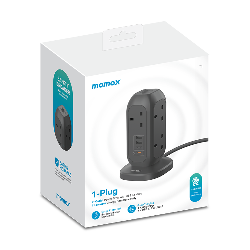 MOMAX 7插位+4USB 慳位直立式拖板 (PD20W USB-C+快充USB-A) | 1-PLUG (太空灰) US18UKE《香港行貨》《2年保養》