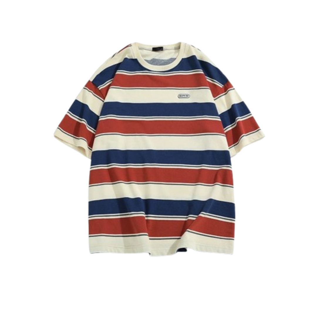 寬條紋印花短T 紅藍 J1627