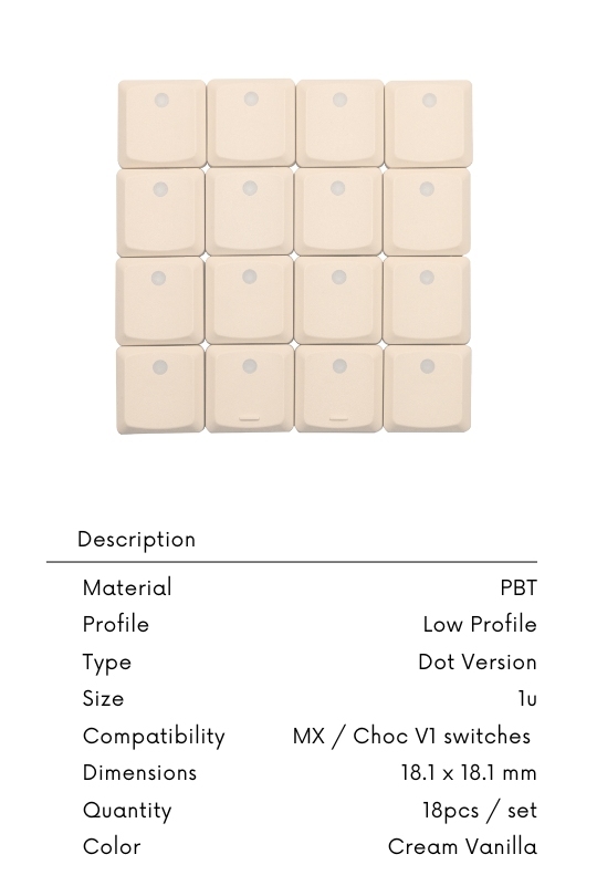THT (Tai-Hao Thins) Low Profile Keycaps - PBT 1U DOT Backlit Cream Vanilla -18pcs (16 blank + 2 homing per set