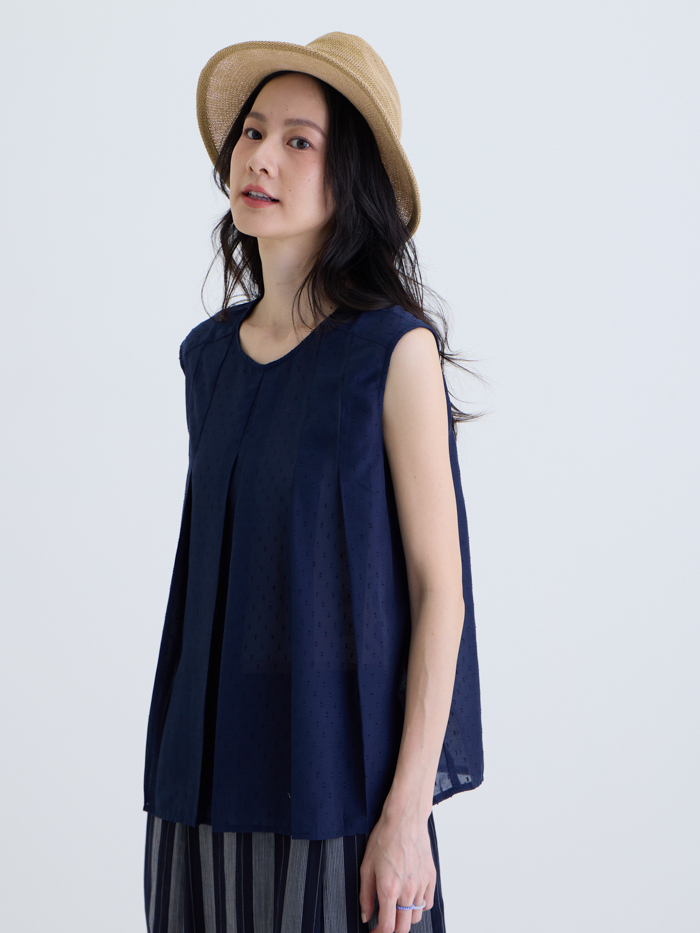 小圓領無袖打折上衣-藏青