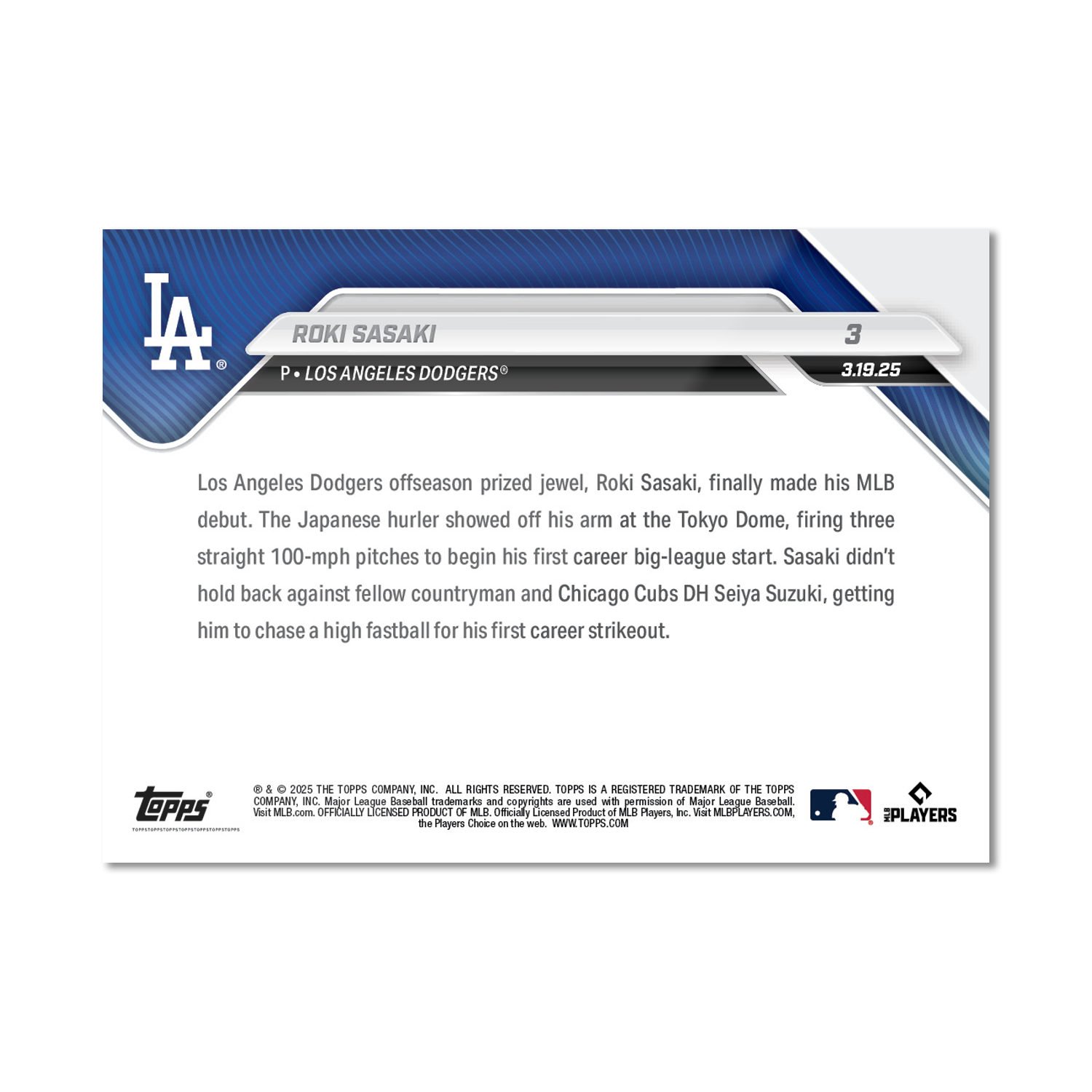 佐佐木朗希 Roki Sasaki  新人球員卡 - 2025 MLB MLB TOPPS NOW RC #3