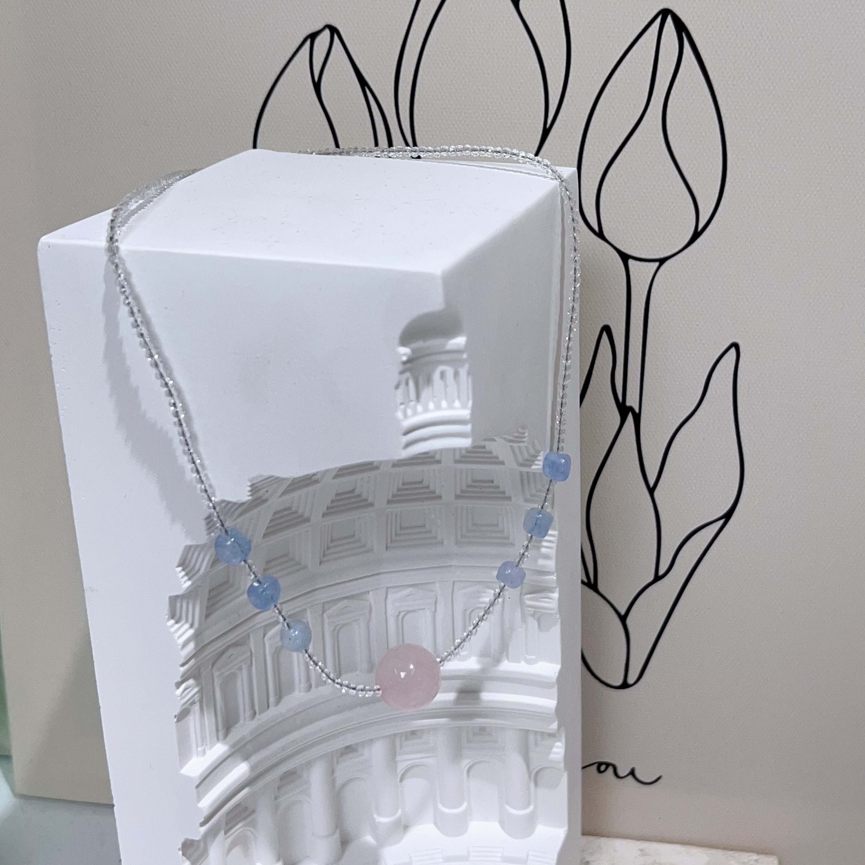 粉晶拼海藍寶白水晶鑽切頸鏈 42-46cm