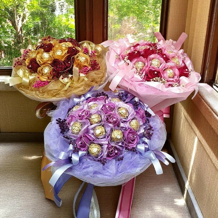 金色粉色紫色珍珠香皂花金莎花束,珍貴如你,soapflower-Ferrero-Rocher-chocolate-bouquet