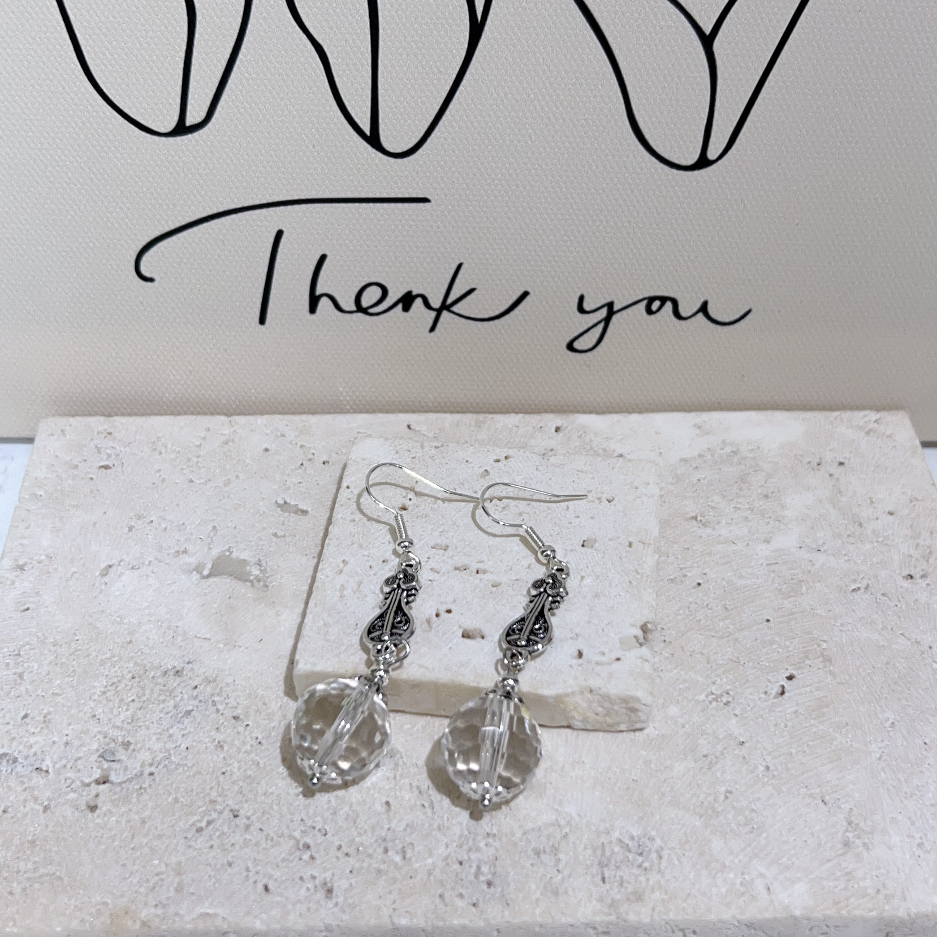 白水晶鑽切波波純銀耳環