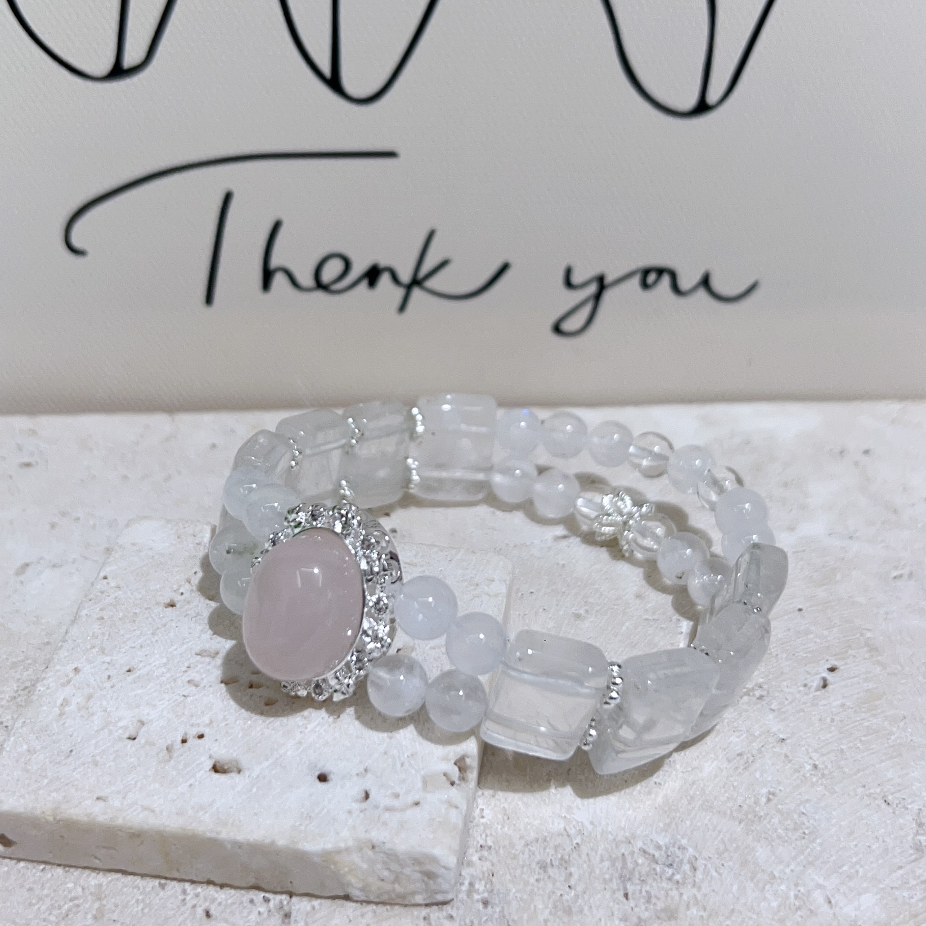 初雪桃花・公主粉晶盒子白幽靈設計手排 14mm