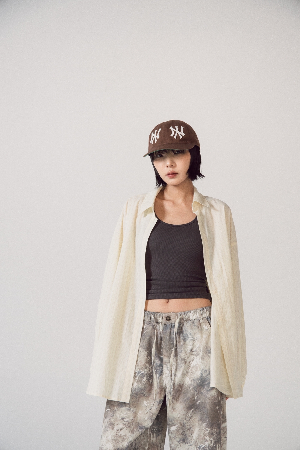 直紋落肩長版襯衫-黃