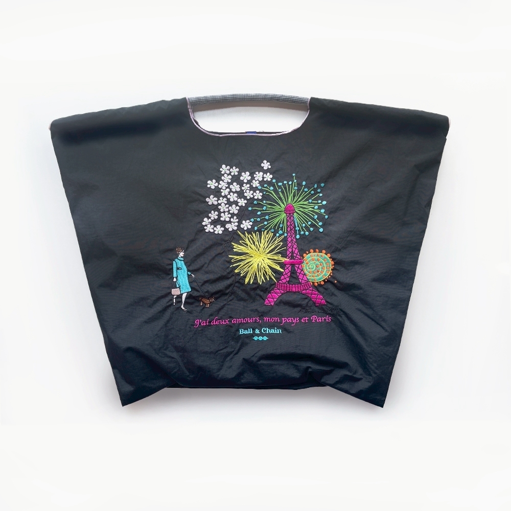 Ball＆Chain 刺繡環保購物袋 L號 - 黑 (36310101)