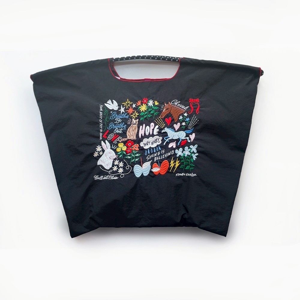 Ball＆Chain 刺繡環保購物袋 L號 - 黑 (32310301)