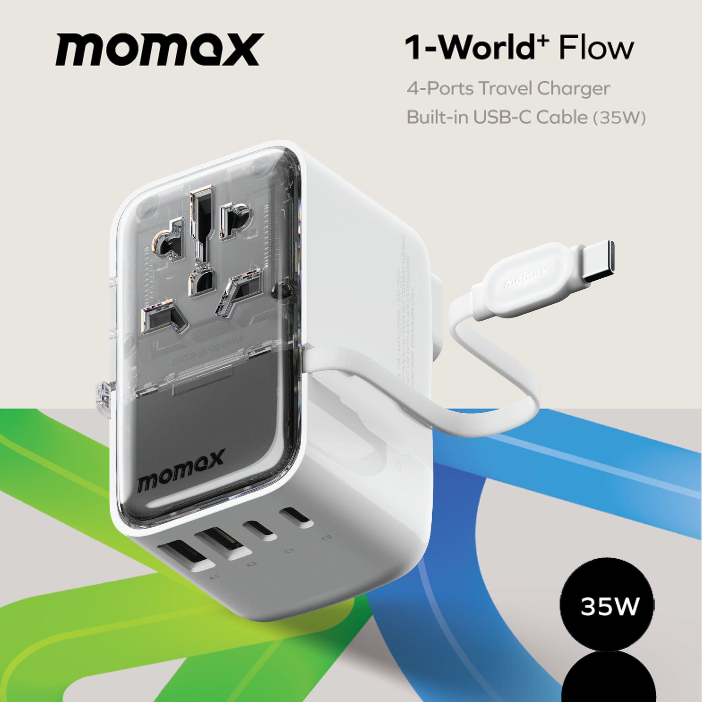 MOMAX 1-World+ Flow 35W 伸缩充電線旅行插座(70厘米)白色 UA21UKW《香港行貨》《2年保養》