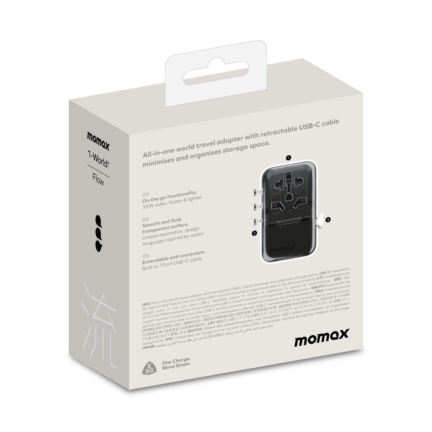 MOMAX 1-World+ Flow 35W 伸缩充電線旅行插座(70厘米)白色 UA21UKW《香港行貨》《2年保養》