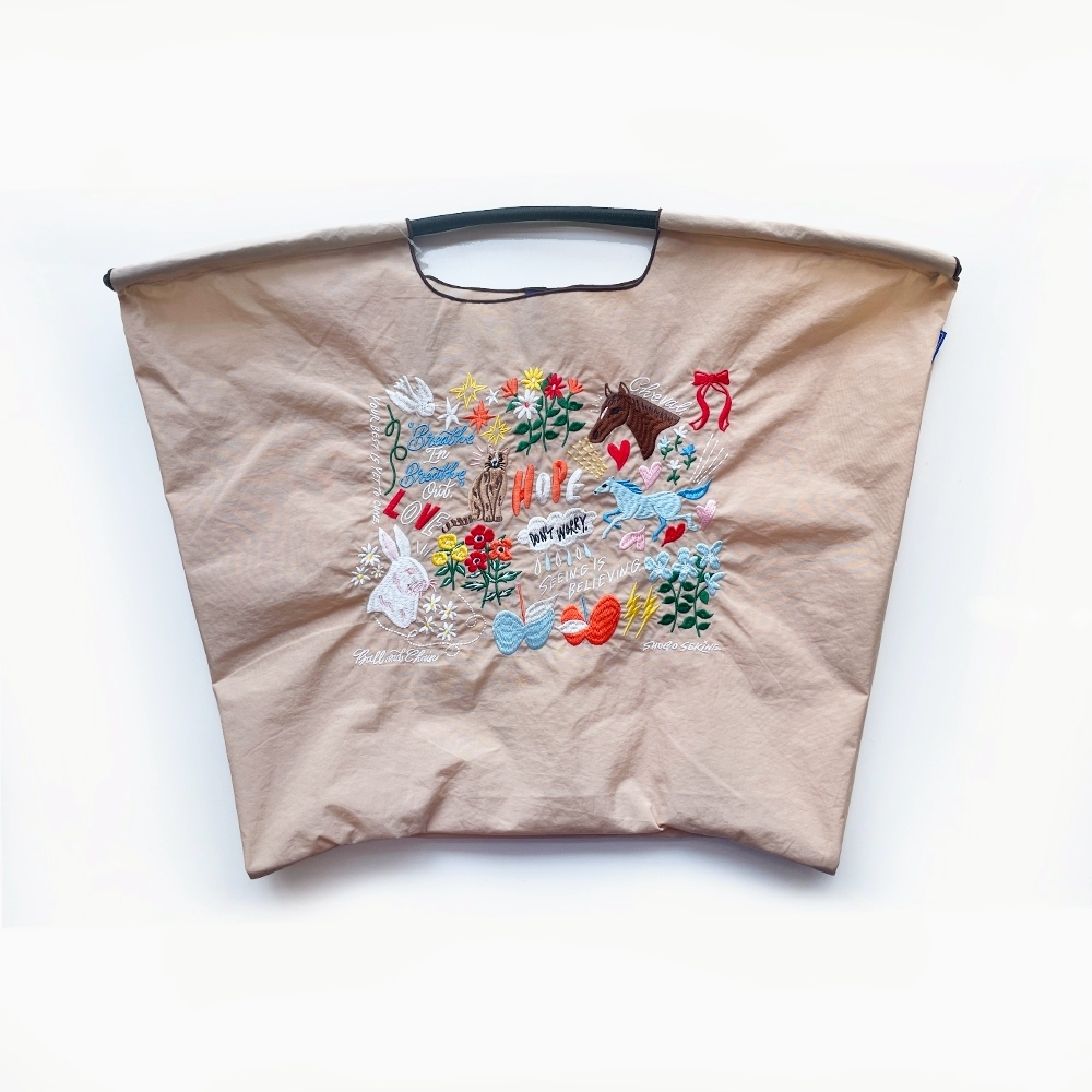 Ball＆Chain 刺繡環保購物袋 L號 - 卡其 (32310321)