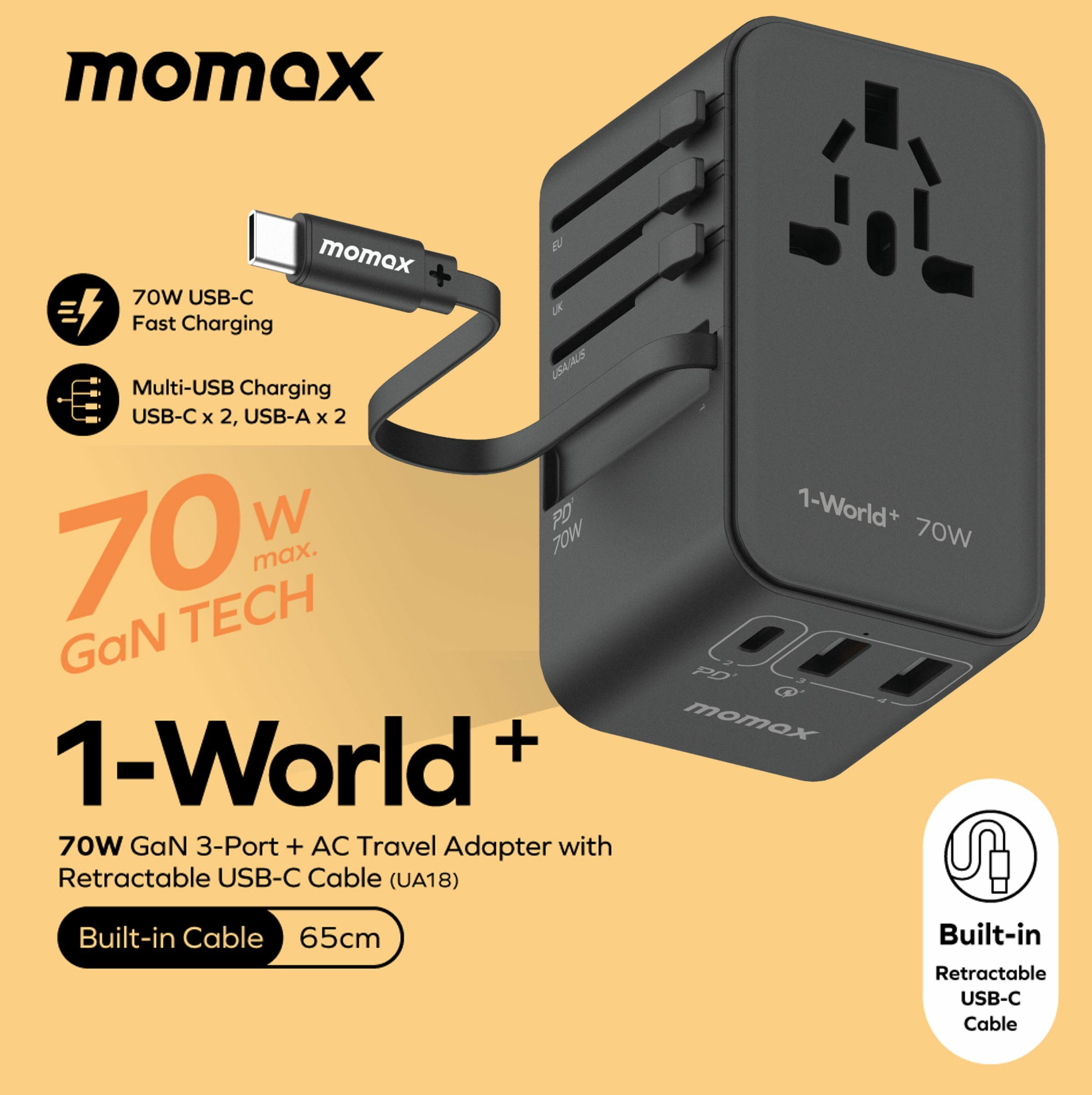 MOMAX 1-World+ 70W GaN 3插口及內置伸縮USB-C充電線旅行插座-黑色 UA18UKD《香港行貨》《2年保養》