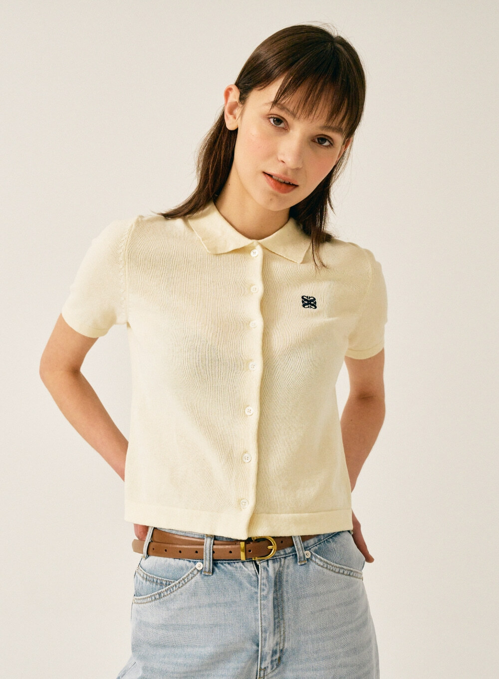 【韓国SATUR セター】Basic Cotton Collar Half Cardigan SATUR] Basic Cotton Collar Half Cardigan