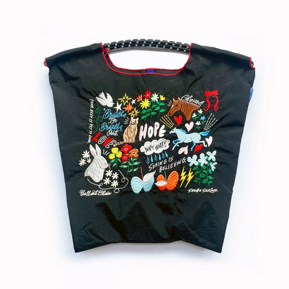 Ball＆Chain 刺繡環保購物袋 M號 - 黑 (32300301)