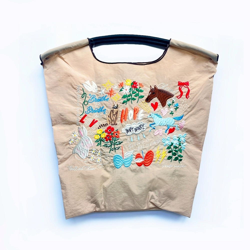 Ball＆Chain 刺繡環保購物袋 M號 - 卡其 (32300321)