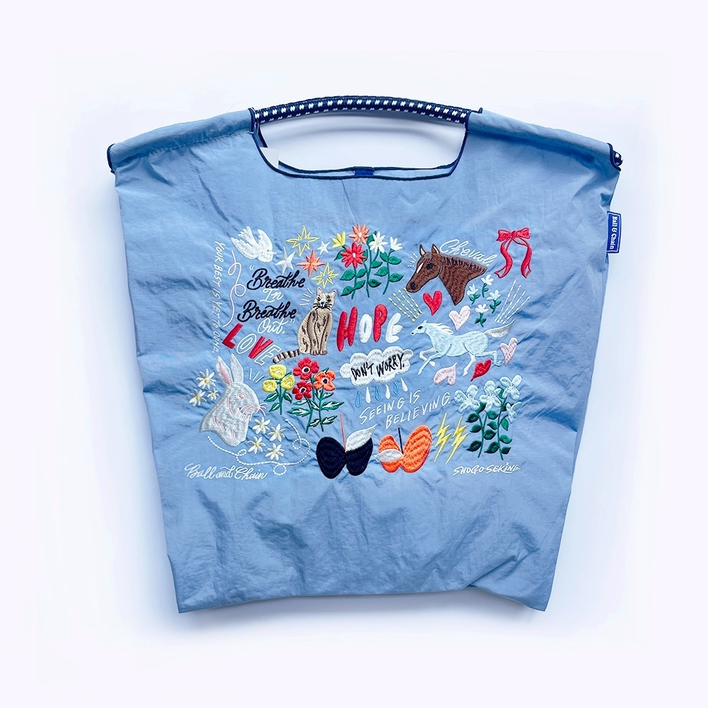 Ball＆Chain 刺繡環保購物袋 M號 - 藍 (32300374)