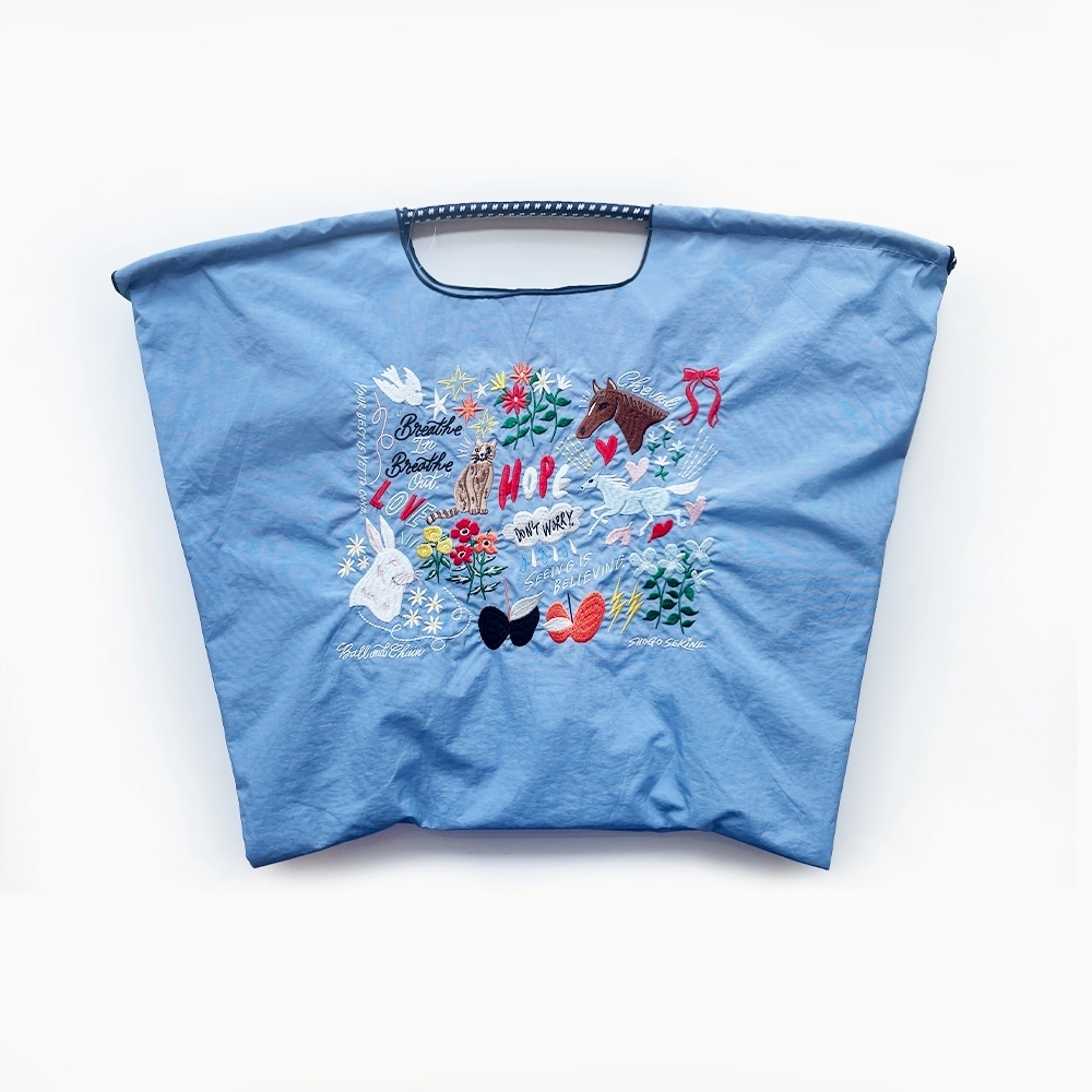 Ball＆Chain 刺繡環保購物袋 L號 - 藍 (32310374)