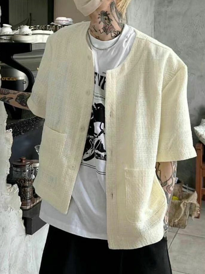 淨色圓領暗格紋開胸短袖外套 VOID-022JK