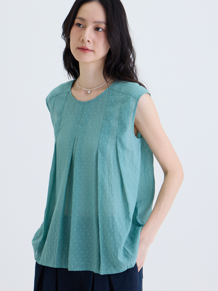 小圓領無袖打折上衣-薄青