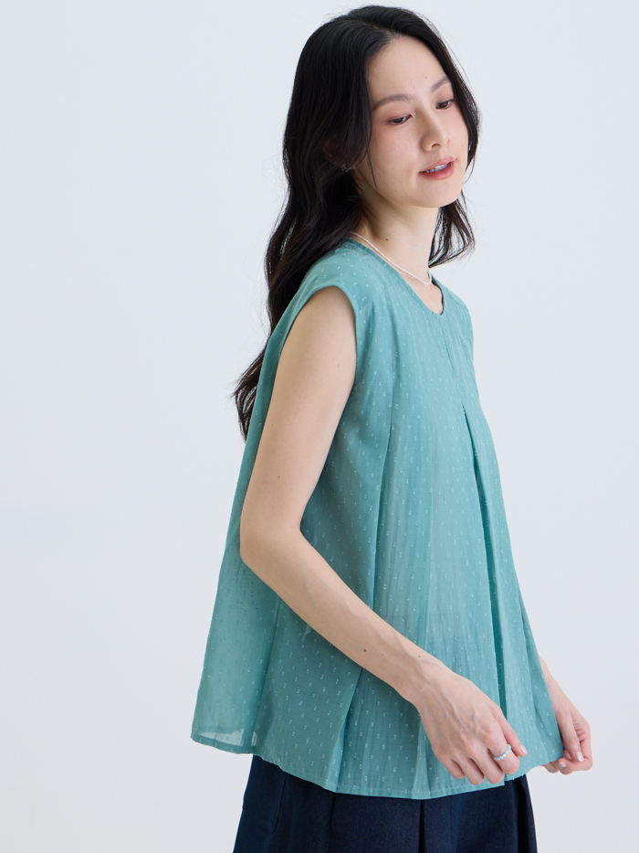 小圓領無袖打折上衣-薄青