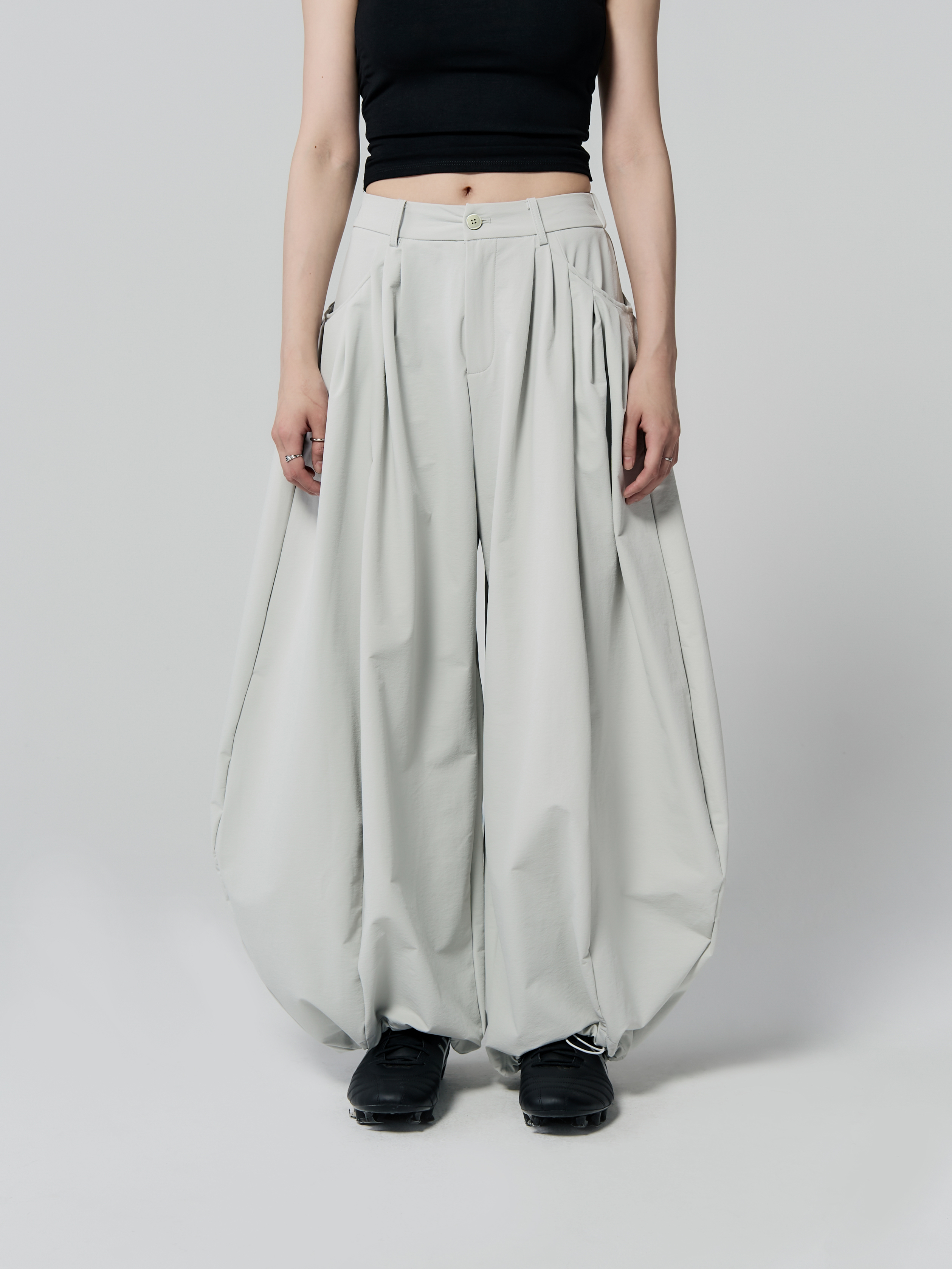 口袋壓摺氣球褲-灰