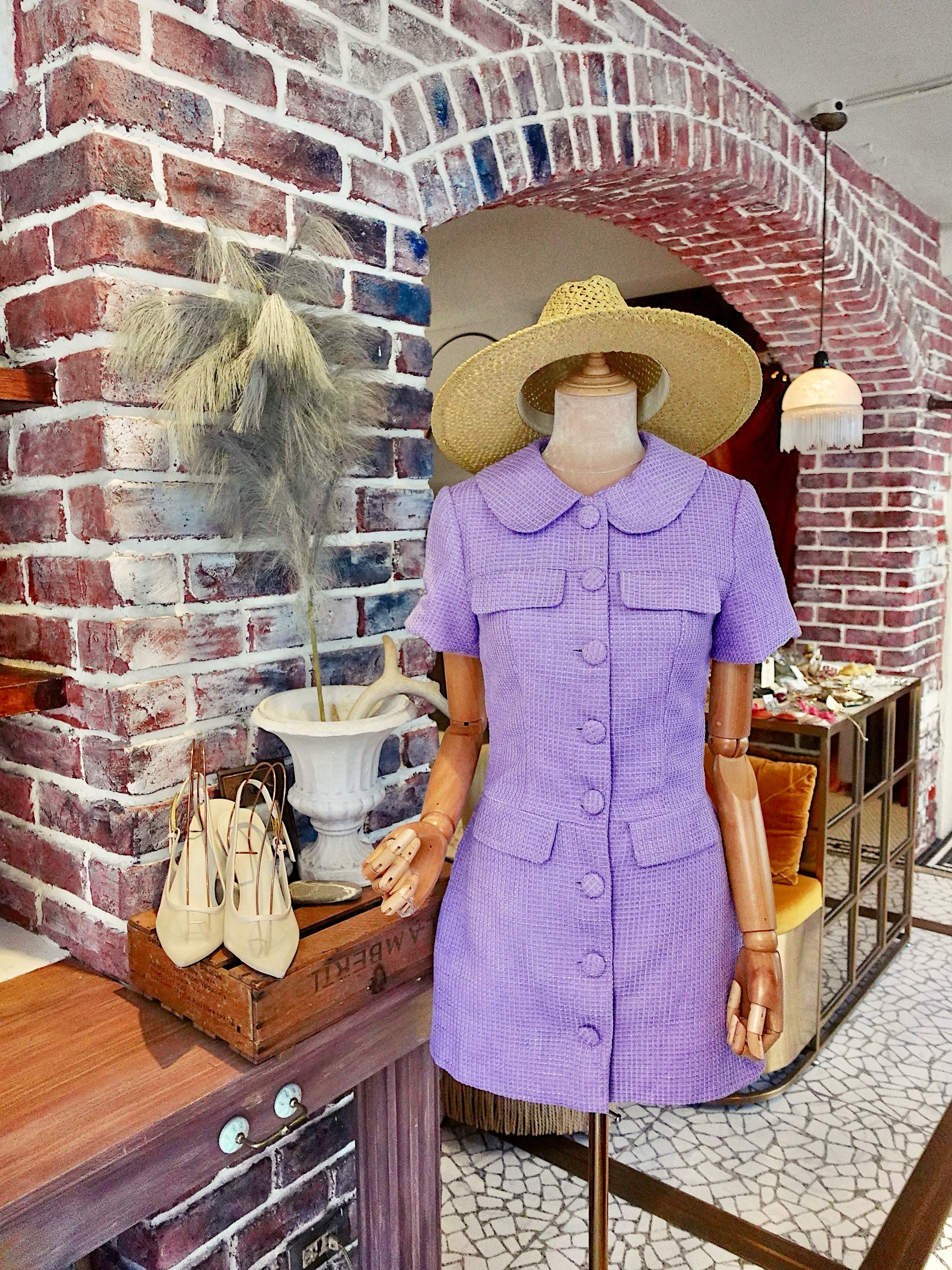 Lavender薰衣草淺紫色毛呢圓領鈕釦Mini Dress