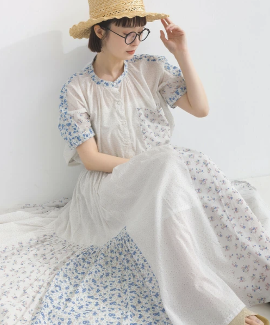 棉質巴里紗碎花拼布襯衫半身裙 SET UP【日本直送】