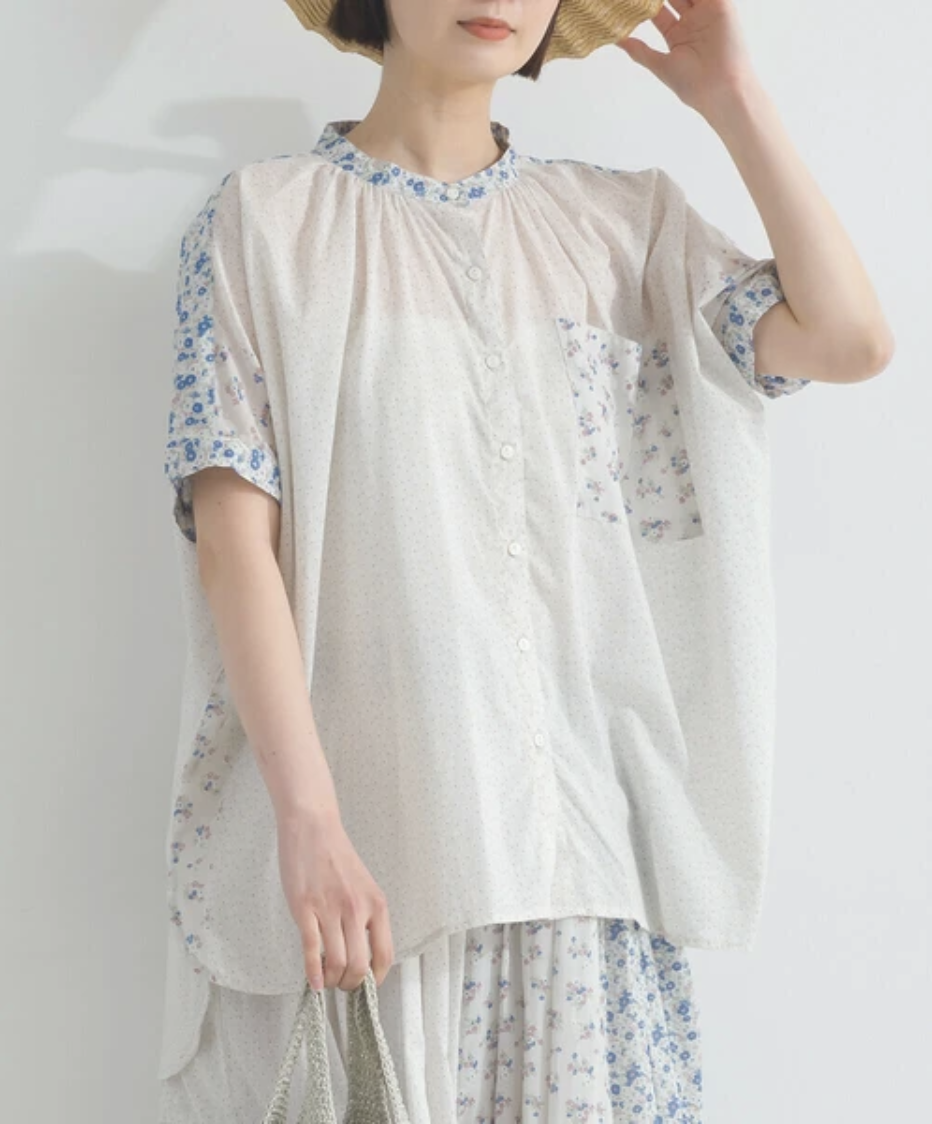 棉質巴里紗碎花拼布襯衫半身裙 SET UP【日本直送】