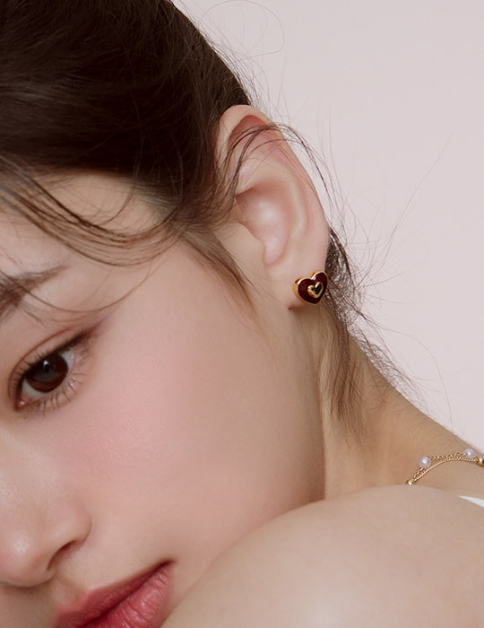 浪漫雙層愛心滴釉。夾式耳環(酒红)