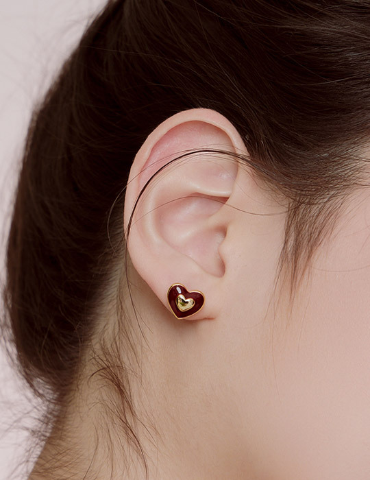 浪漫雙層愛心滴釉。針式耳環(酒红)
