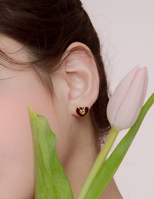 浪漫雙層愛心滴釉。針式耳環(酒红)