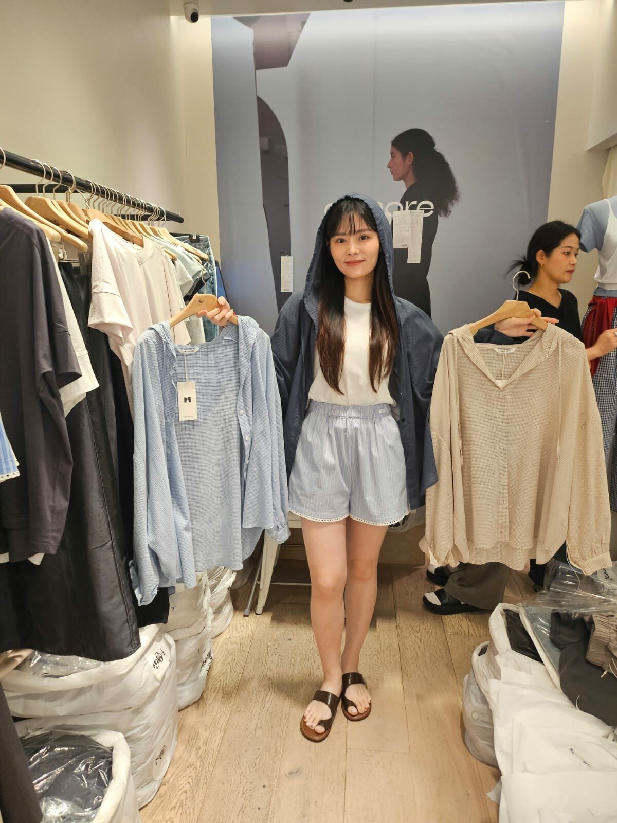 OD4205 格仔條紋防曬連帽恤衫 - 深藍