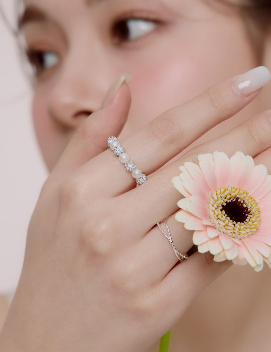 珍珠鋯石環繞可調式戒指