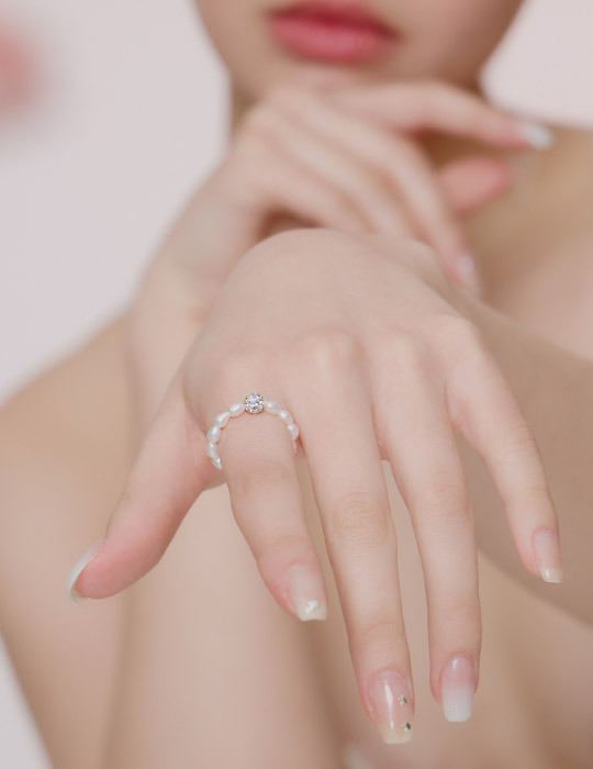 【925純銀】珍珠鑽球彈力戒指