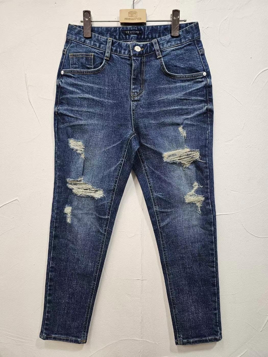 525 笑臉深藍破損牛仔長褲