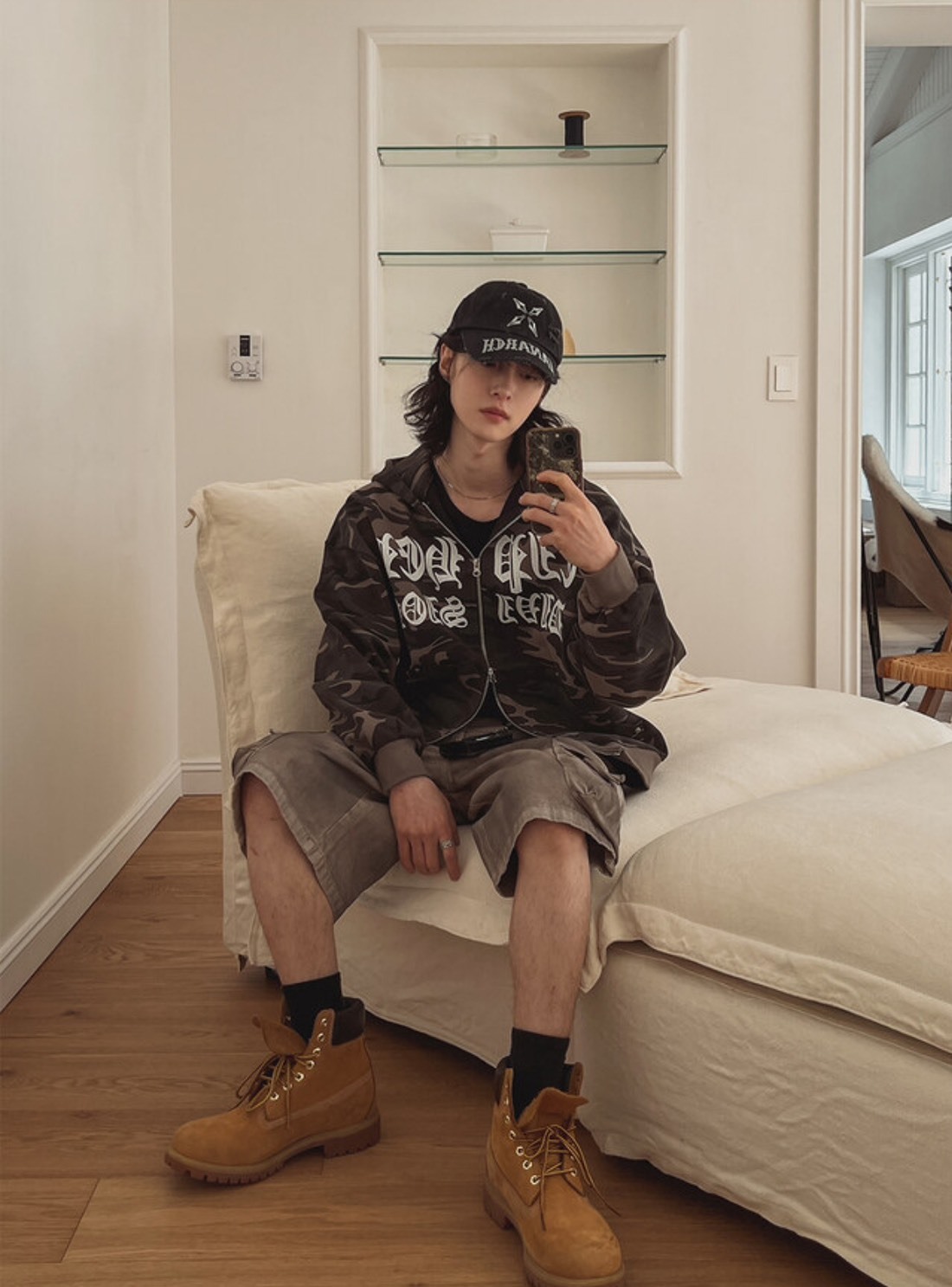 圖騰紋迷彩雙拉鍊連帽外套