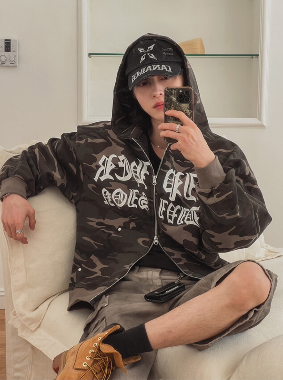 圖騰紋迷彩雙拉鍊連帽外套