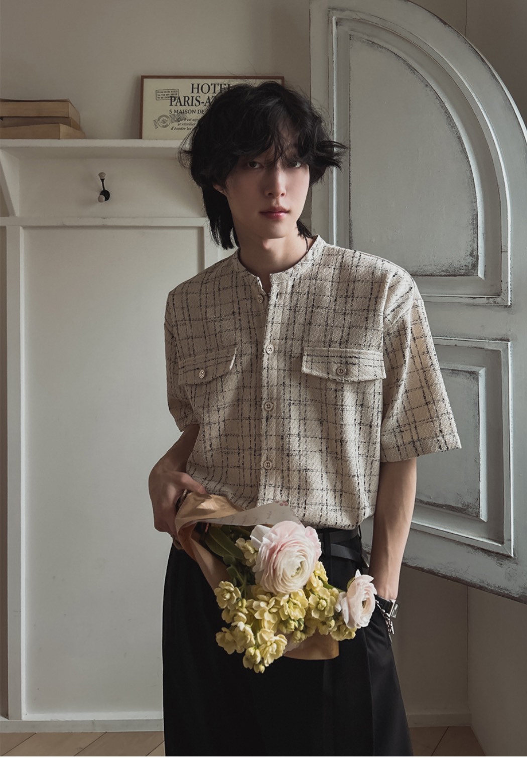 格狀描邊小香風無領外套