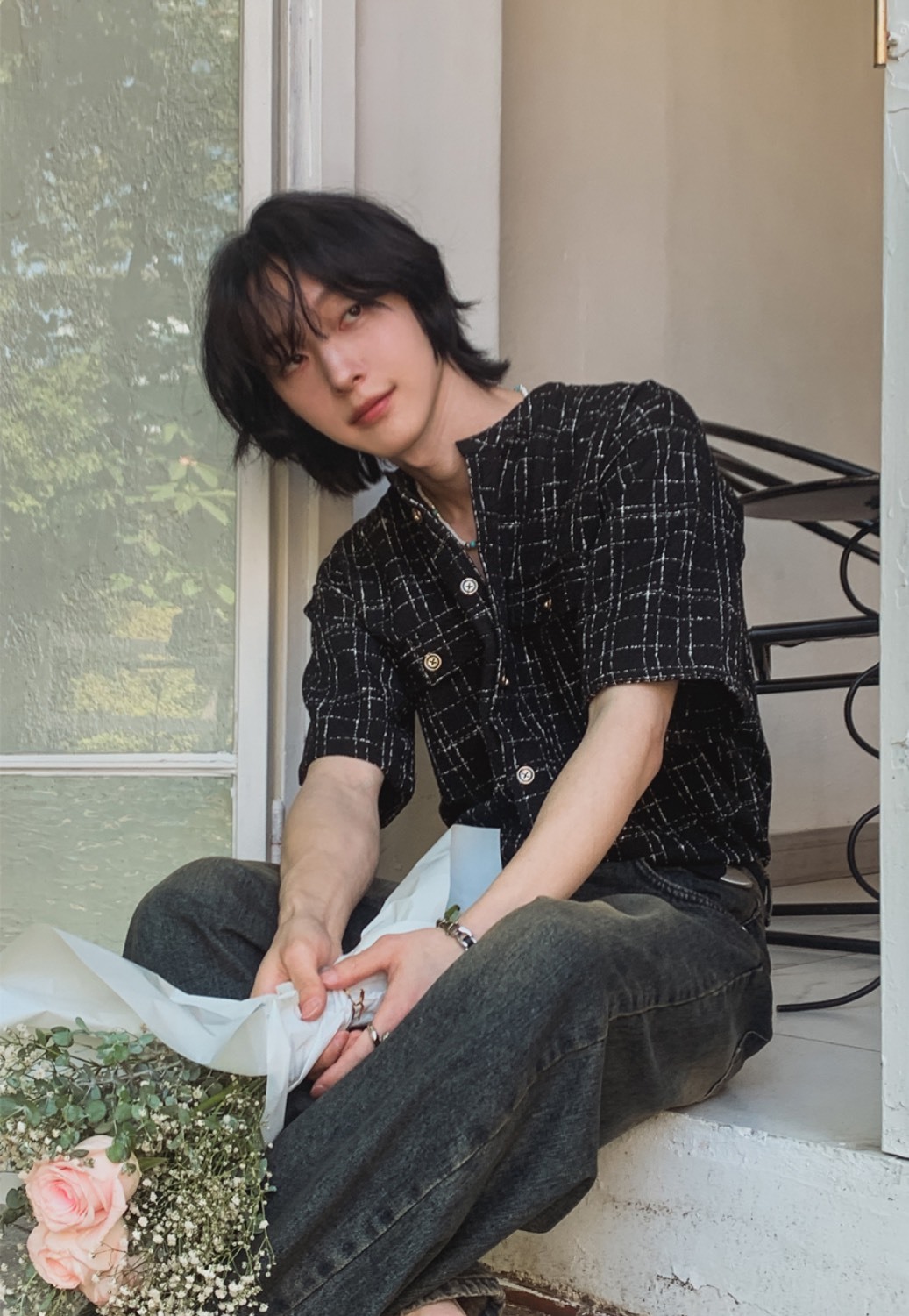 格狀描邊小香風無領外套