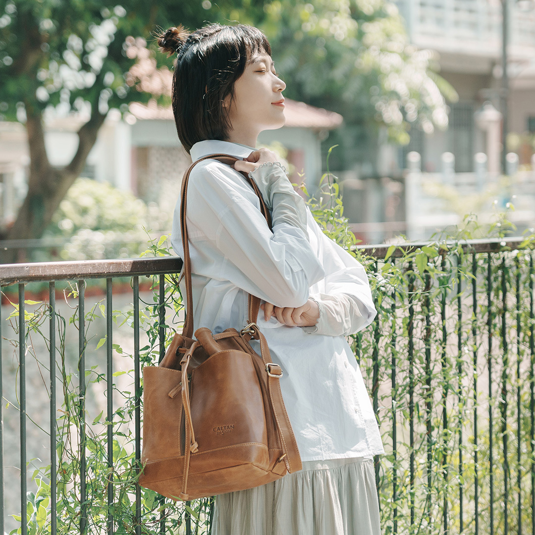 全真皮磁釦肩背/手提後背水桶包-五色(5338)