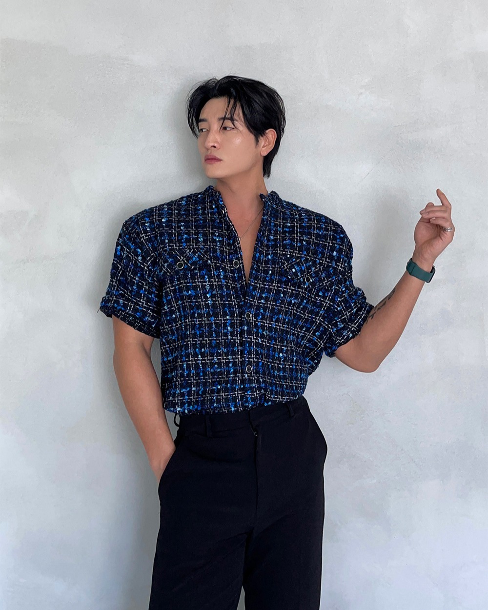 花呢格紋短袖襯衫