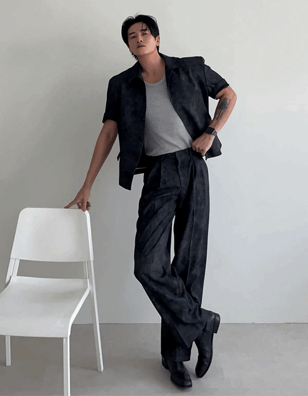 夏季高密度立領短款短袖夾克 雙摺休閒西裝褲