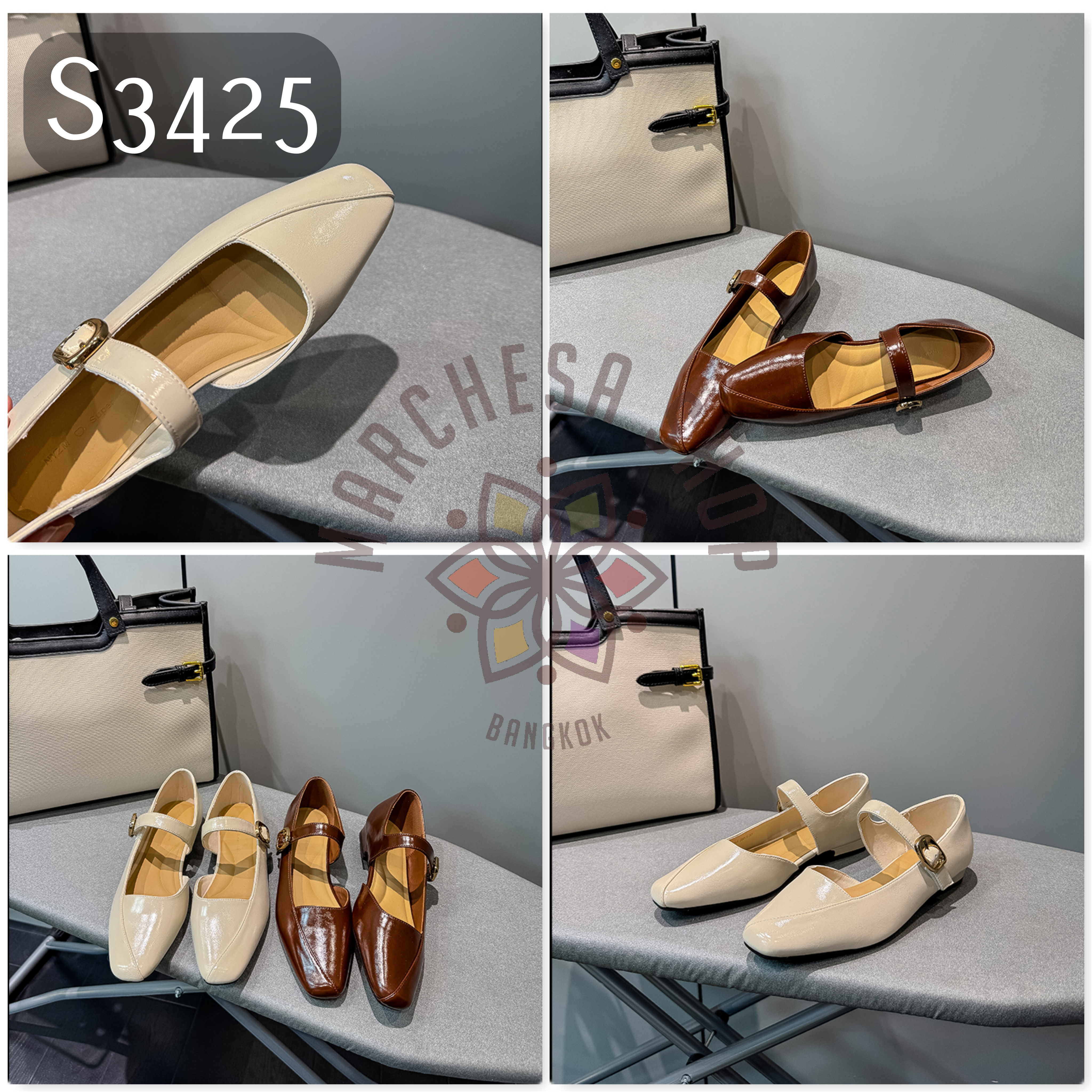 S3425 - 軟羊漆皮車綫扣帶方頭平底鞋