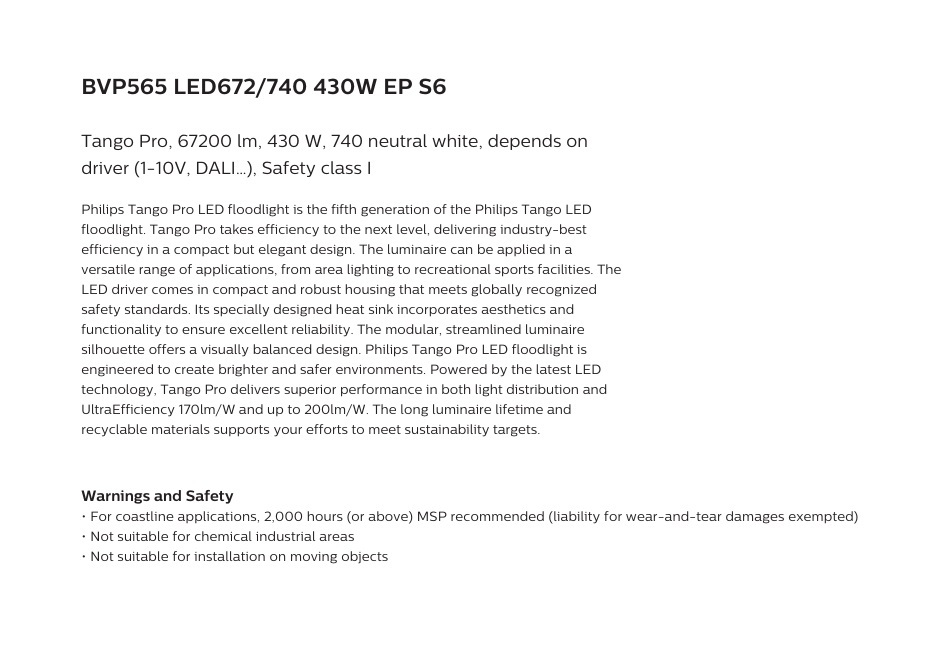 飛利浦 BVP565 LED672 740 430W TANGO PRO 泛光燈 EP S6 220-240V 4000K 1-10V