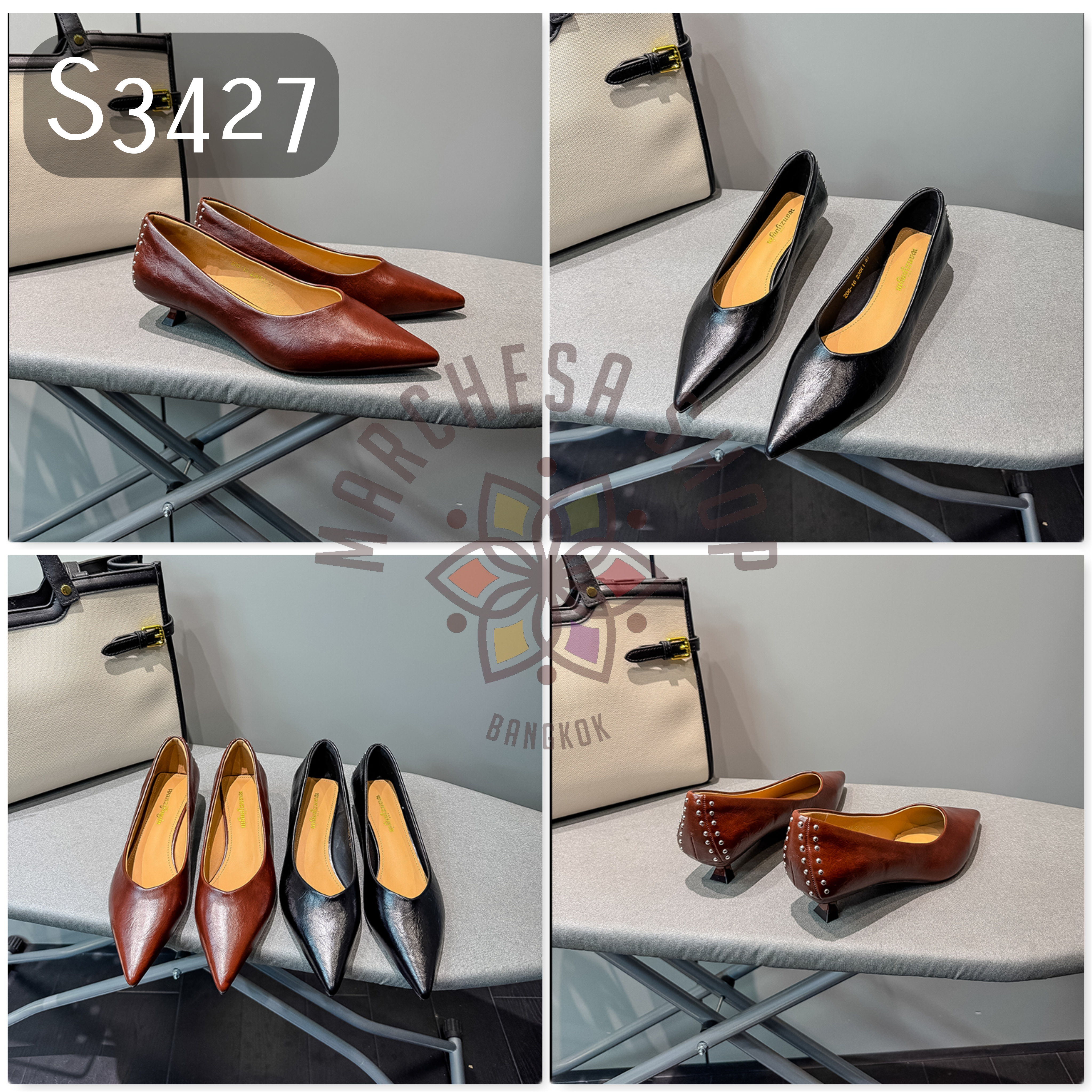 S3427 - 軟羊皮鉚釘尖頭低踭鞋