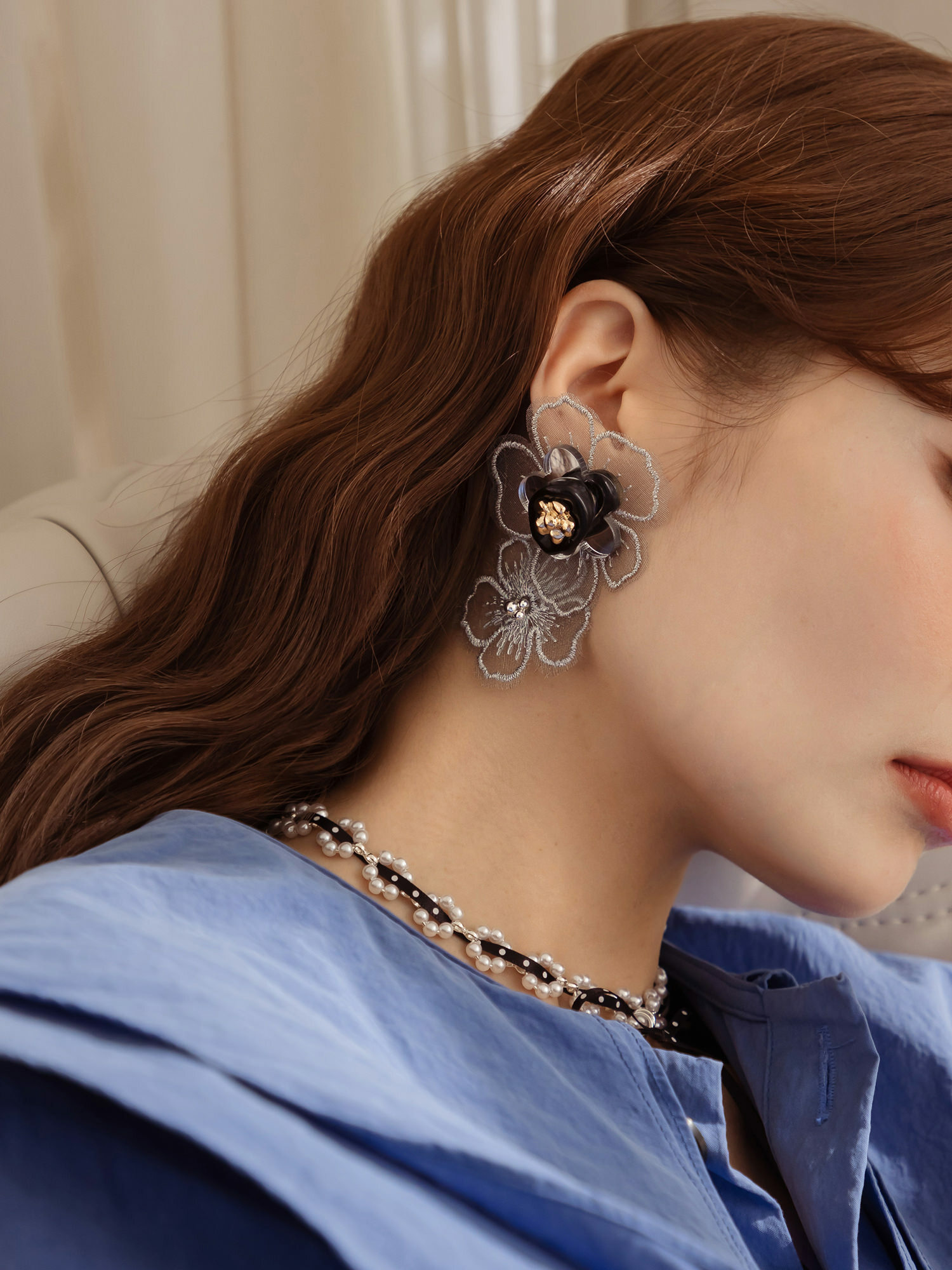 開香檳慶祝。(2way)MUCHAT手作透紗金花純銀針耳環