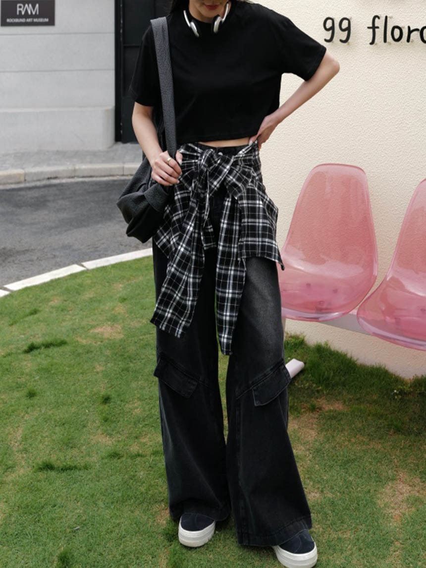 附格紋綁腰黑灰闊腿牛仔褲