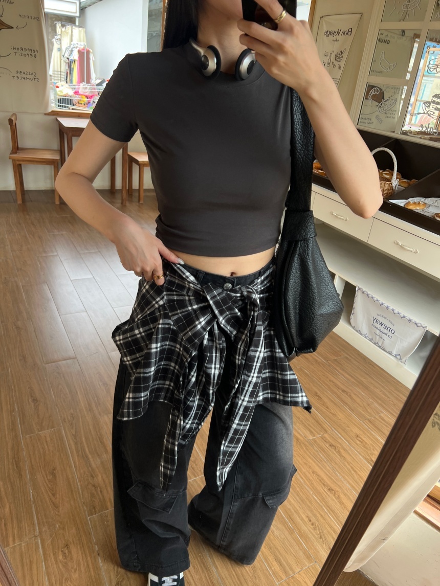 附格紋綁腰黑灰闊腿牛仔褲
