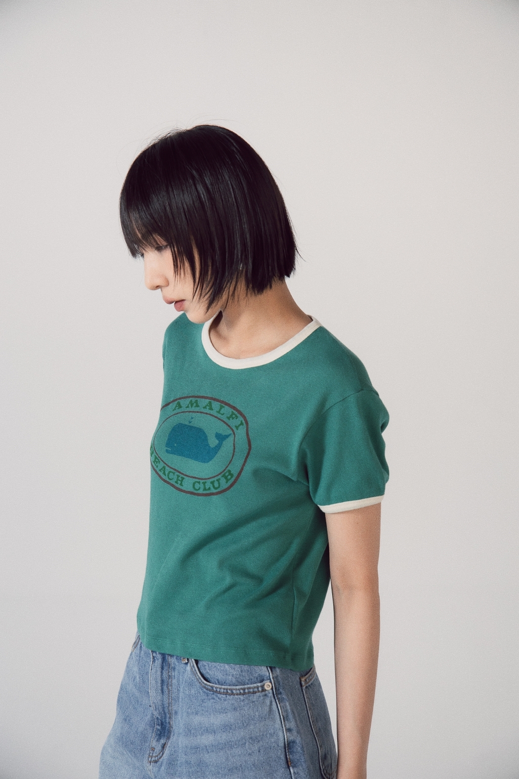 鯨魚滾邊短袖上衣-綠