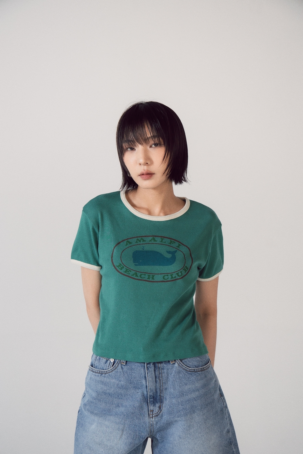 鯨魚滾邊短袖上衣-綠